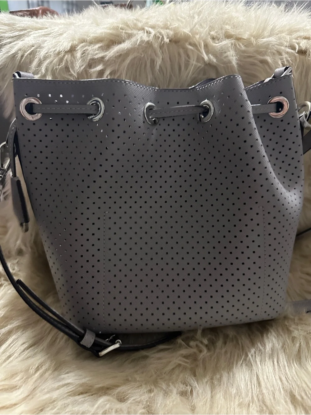 Michael Kors Perforated Drawstring Bucket Bag in Gray - Picture 3 of 5